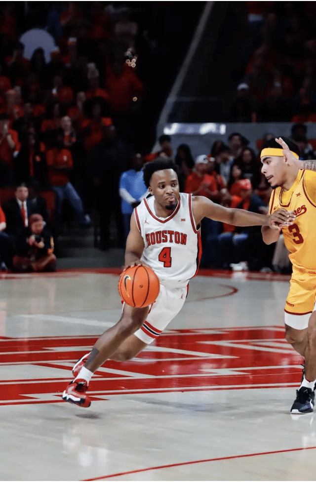 Houston basketball player LJ Cryer (Photo credit: Ariel Quistiano, Houston Athletics)